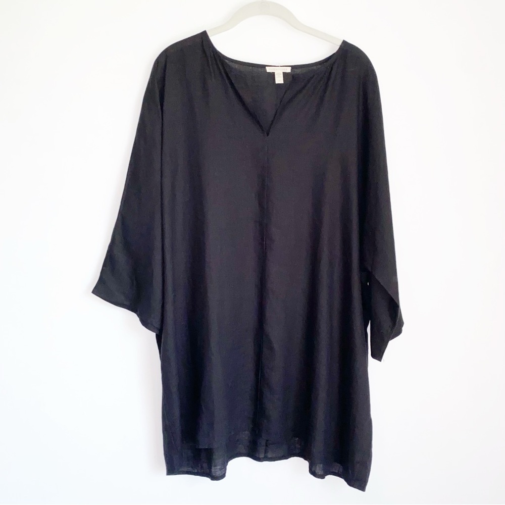 Eileen Fisher Black Organic Linen 3/4 Sleeve Tunic L